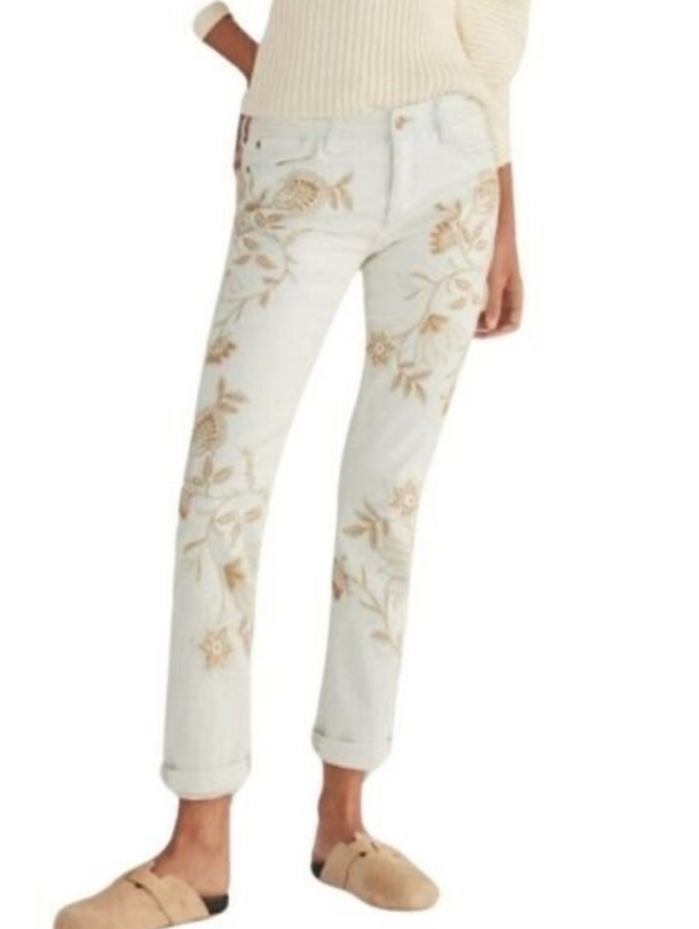 EUC Anthropologie Pilcro Off-White Boyfriend Jeans Beige Floral Embroidery 26